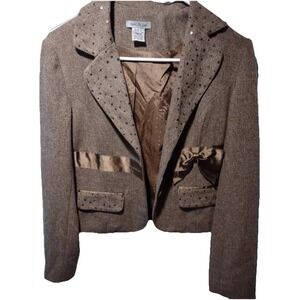 Mac & Jac Brown Tweed Sequin Bow Blazer Jacket Size 4 Brown Satin Trim Mens